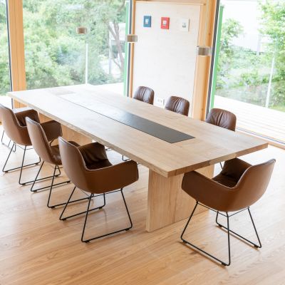Modern dining area with long light wooden table and eight brown chairs with metal legs in a room with large windows and view of green surroundings.